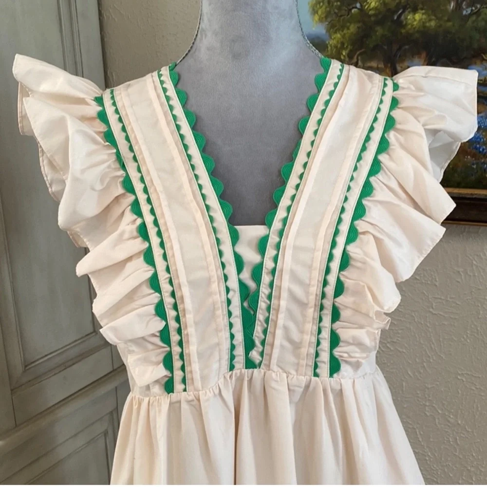 Entro Cream & Green Ric Rac Ruffle Maxi Dress NWT Size Medium - Picture 5 of 6